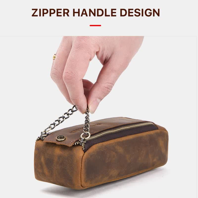 Retro-Make-up-Tasche aus echtem Leder, Mehrzweck-Reißverschluss, Federmäppchen