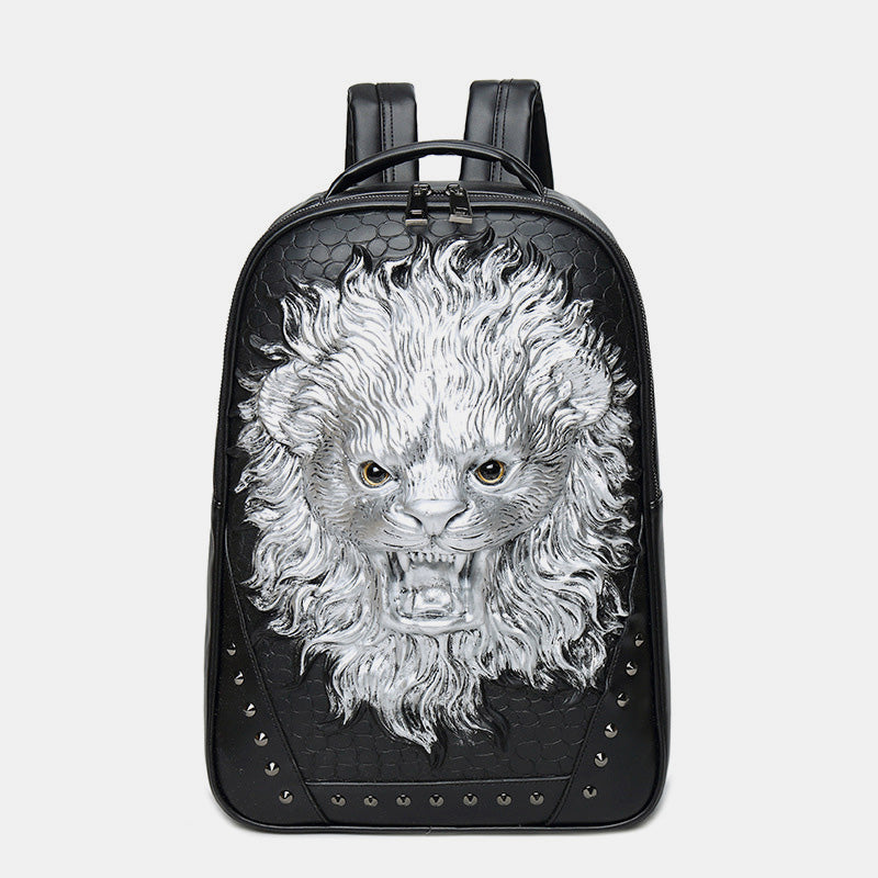 3D Tierkopf Rucksack mit Nieten aus Leder Coole Laptoptasche College Büchertasche