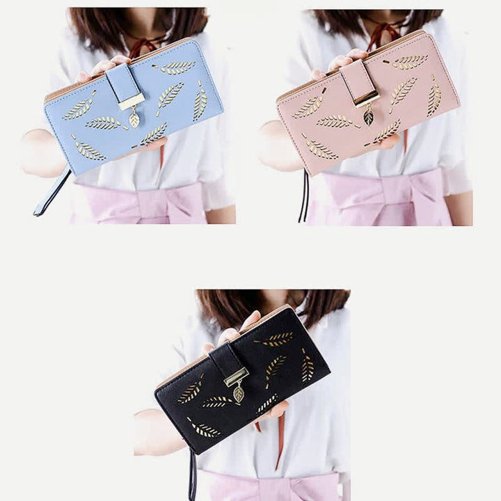 Große Ledergeldbörse für Damen, ausgehöhlt, lang, Clutch