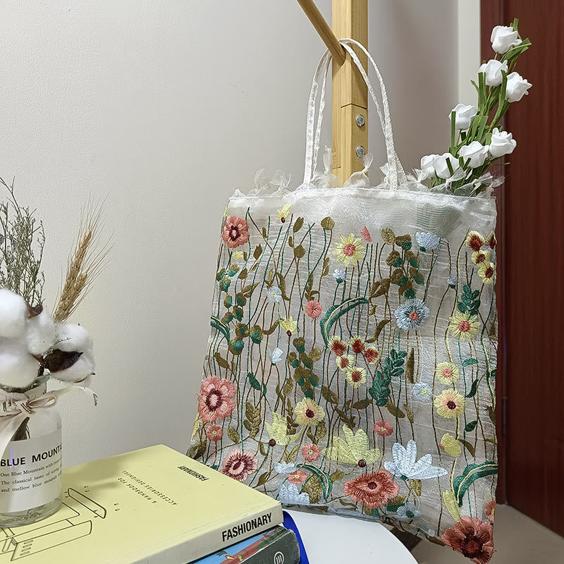 Handtasche für Damen, Netzstoff, handbestickte Blumen, tragbare Umhängetasche