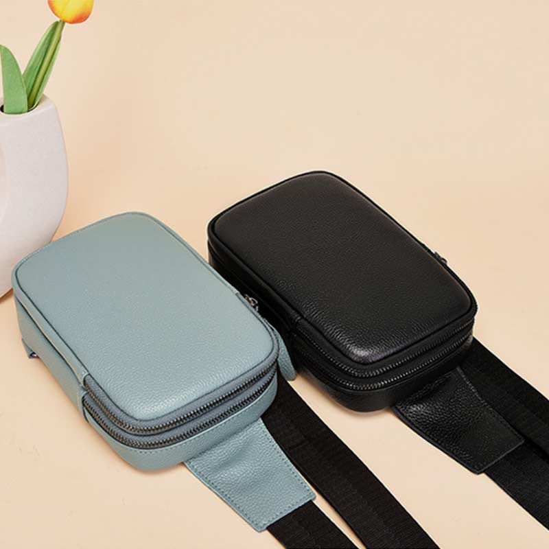 Schultertasche aus echtem Leder mit doppeltem Reißverschluss für Damen, wasserdichte Umhängetasche für Handys