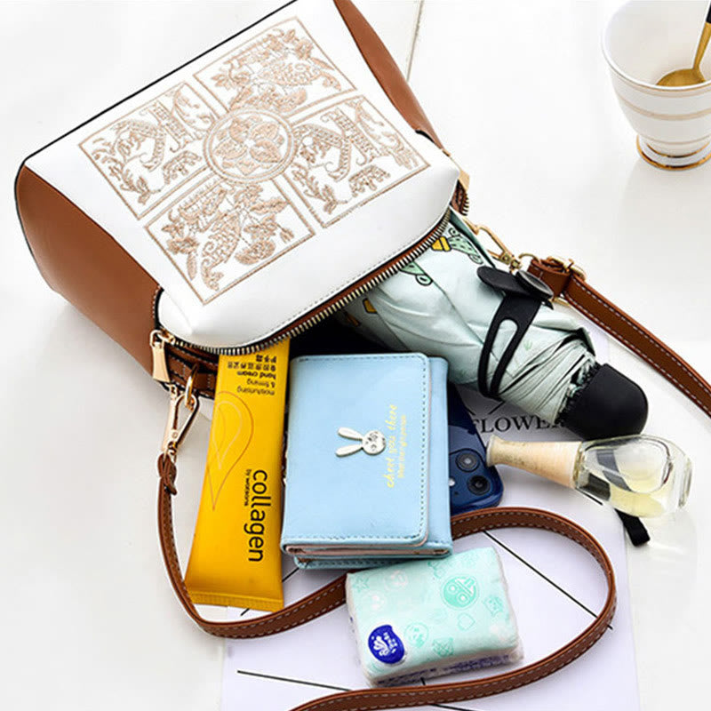 Top-Griff-Tasche für Damen, bestickte tragbare Umhängetasche aus Leder