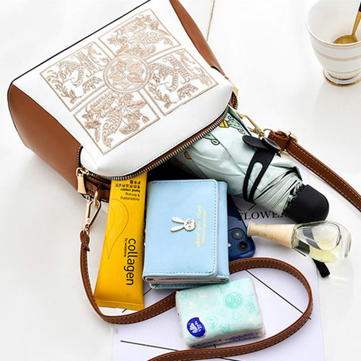 Top-Griff-Tasche für Damen, bestickte tragbare Umhängetasche aus Leder