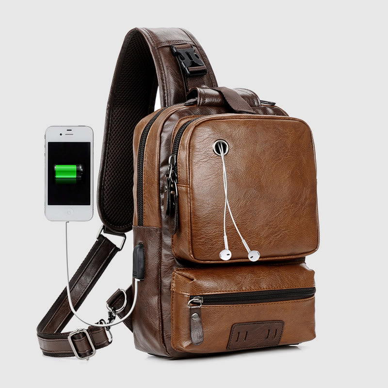 Schultertasche für Herren, Outdoor-Sport, Umhängerucksack aus PU-Leder