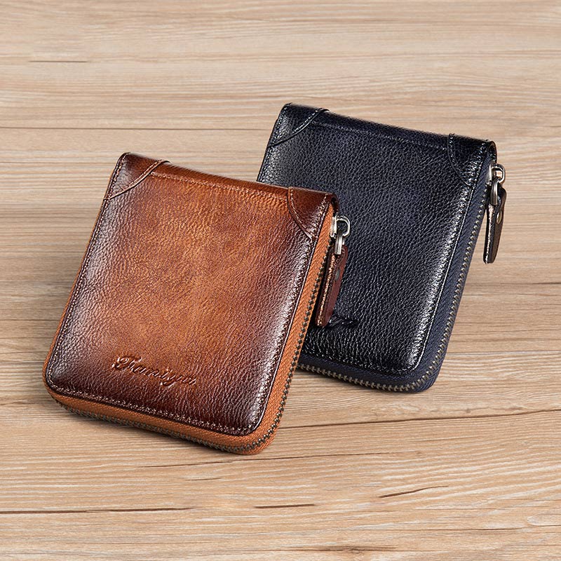 RFID-Diebstahlschutz Vintage-Geldbörse aus echtem Leder mit Reißverschluss