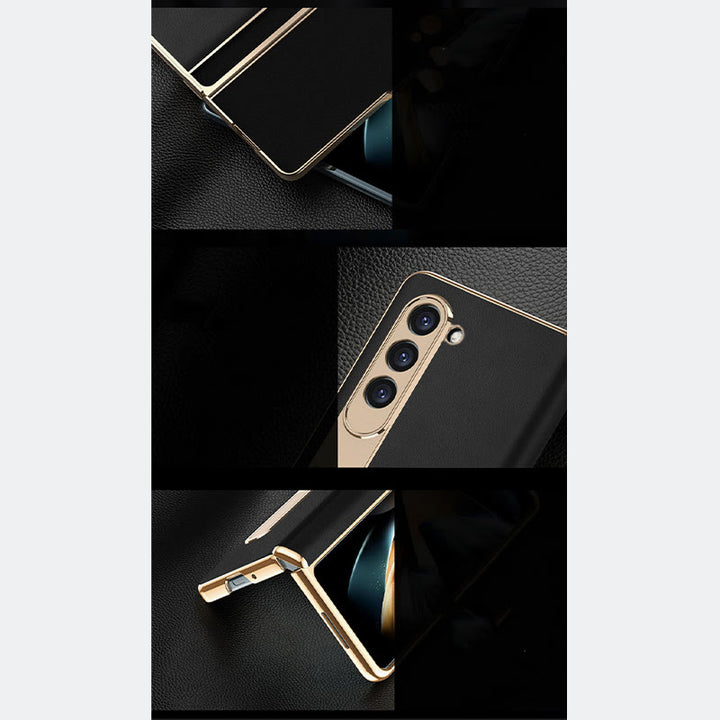 Z Fold 5 Handyhülle Leechi Grain Echtleder mit Displayschutzfolie