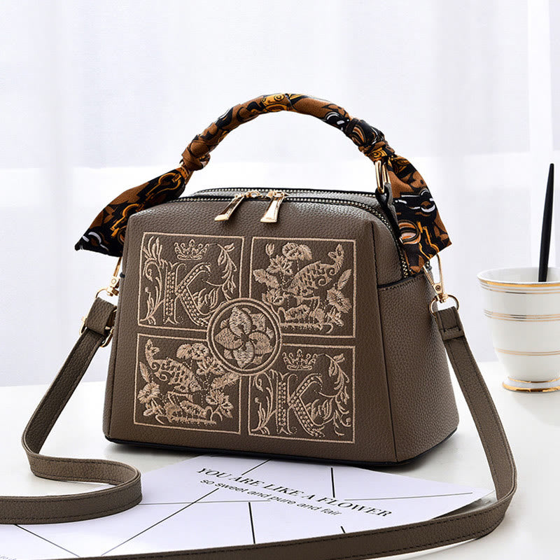 Top-Griff-Tasche für Damen, bestickte tragbare Umhängetasche aus Leder