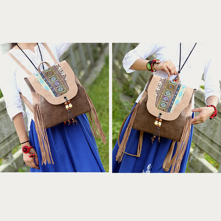 Rucksack für Damen im ethnischen Stil mit Druck und Quaste, Tagesrucksack aus Leder