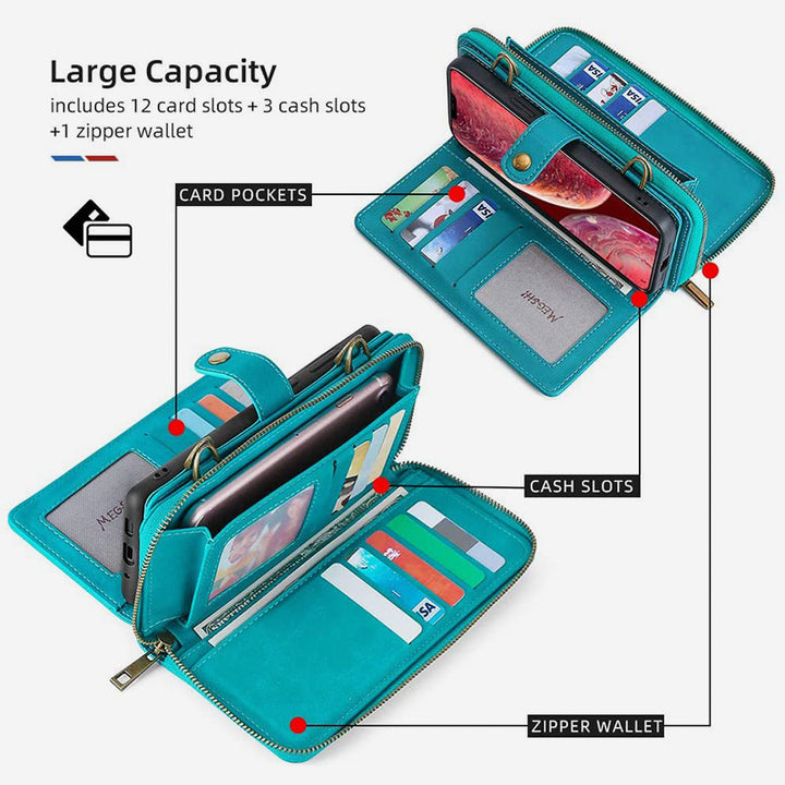 Brieftaschenhülle für iPhone Samsung [2 in 1] Magnetische abnehmbare Geldbörse [Crossbody-Kette] Folio Flip Card Solt Protection Back Cover