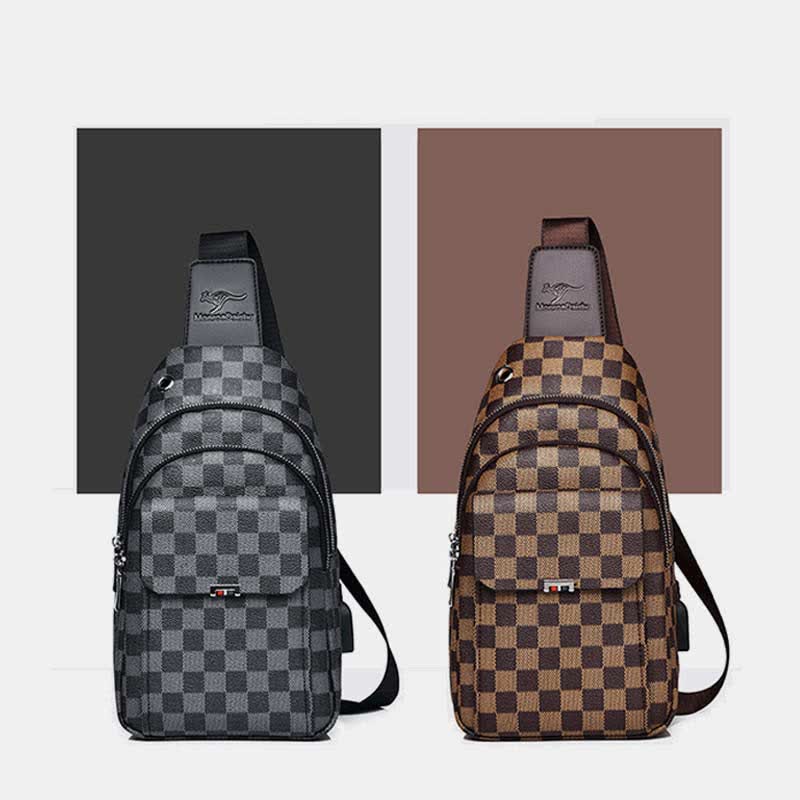 Mehrzweck-Schultertasche aus lässigem, kariertem Leder für Herren, Umhängetasche, Schulterrucksack