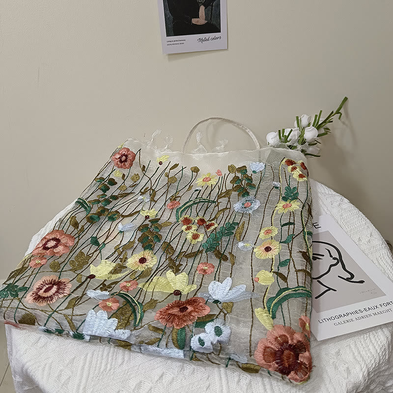 Handtasche für Damen, Netzstoff, handbestickte Blumen, tragbare Umhängetasche