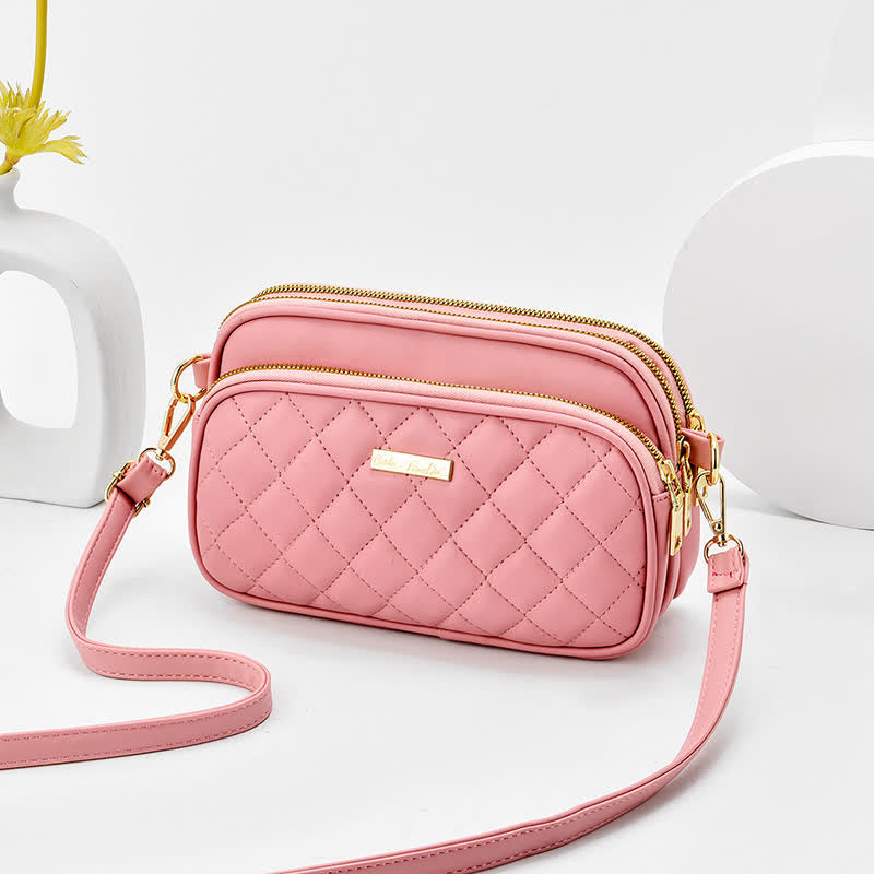 Umhängetasche mit drei Reißverschlüssen, gestepptes Leder, Schultertasche für Damen