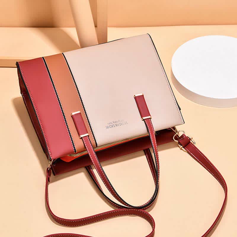 Damen Handtasche aus Leder mit Henkel, modisch, mit Farbblock-Muster, Umhängetasche