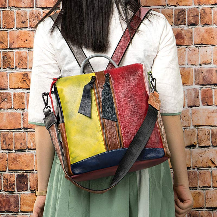 Damen Rucksack Handtasche Cabrio Schultertasche Echtleder Colorblock Casual Daypack