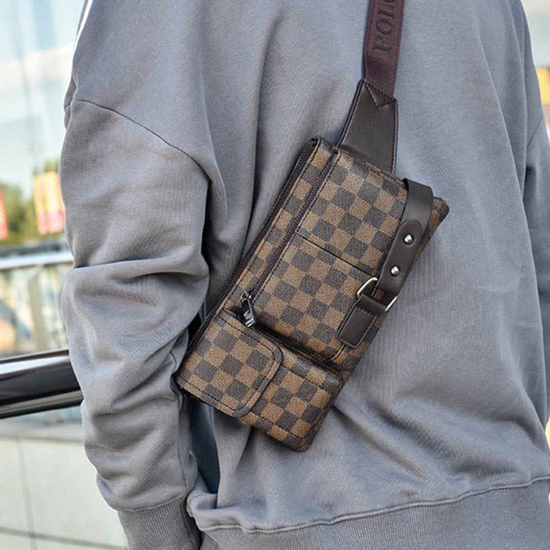 Gürteltasche für Herren, Leder, kariert, Reise-Umhängetasche, Brusttasche