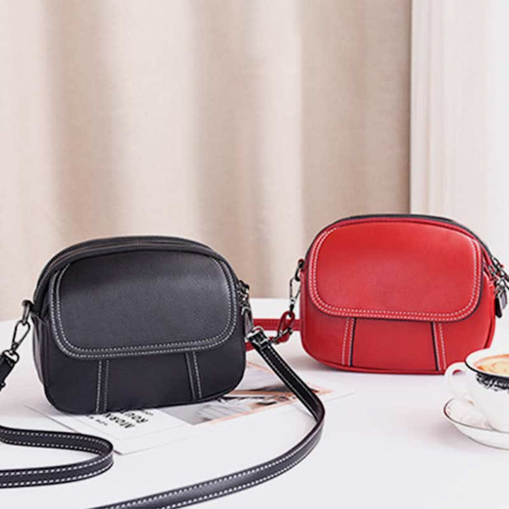 Kleine Umhängetasche mit dreifachem Reißverschluss, Leder, Handy-Geldbörse, Schultertasche