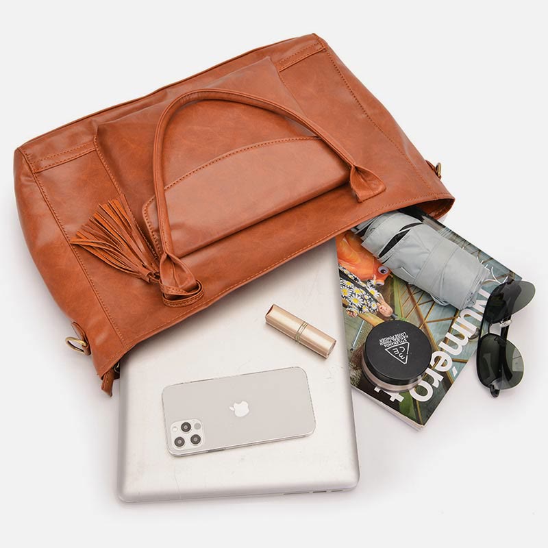 Retro Leder Tote Quaste Dekor Klassische Multifunktionale Reisetasche - image 2