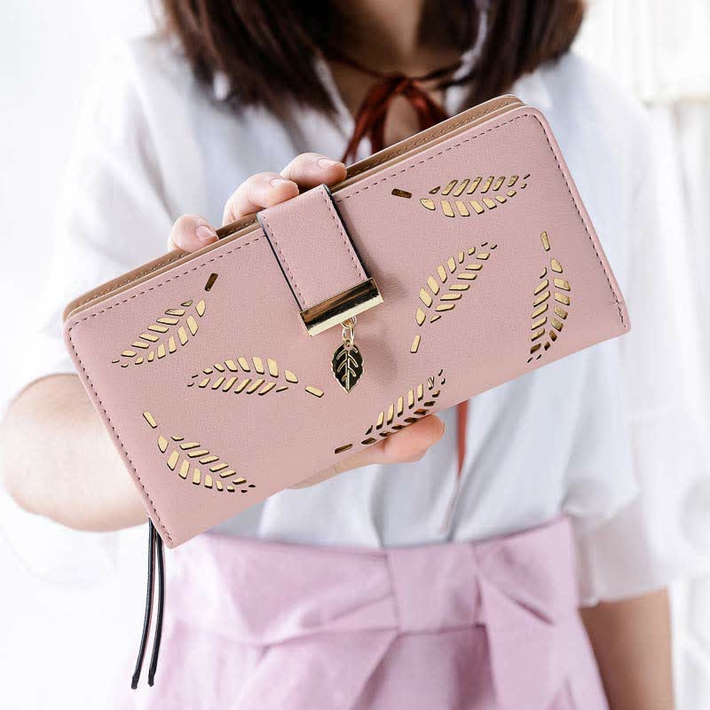Große Ledergeldbörse für Damen, ausgehöhlt, lang, Clutch