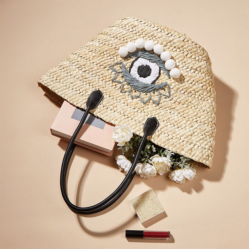 Handgemachte Evil Eye Stroh gewebte Handtaschen Sommer Hobo Schultertaschen Geldbörse