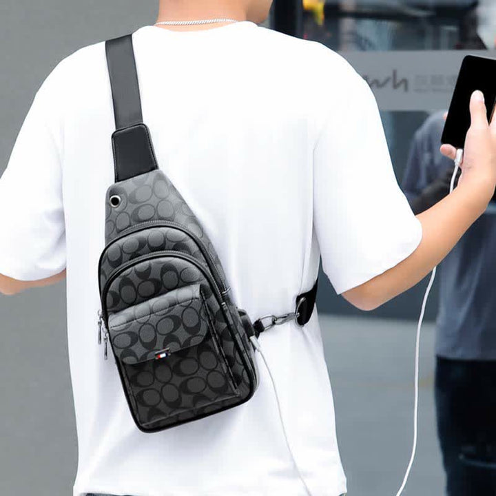 Lässiger Tagesrucksack aus Leder, Schultertasche, Brusttasche mit USB-Ladeanschluss