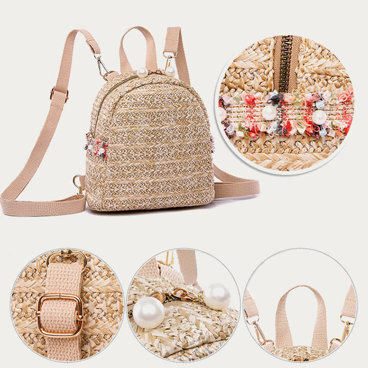 Strohrucksack für Damen, Mini-Tagesrucksack für den Außenbereich, leicht, lässig