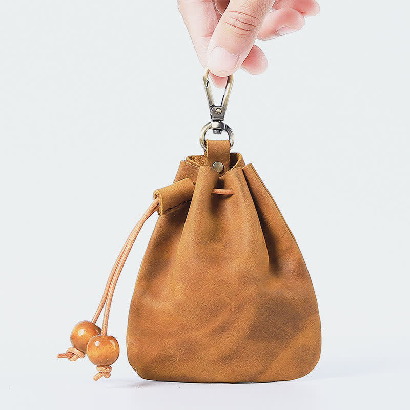 Vintage Münzgeldbörse Echtleder Beutel Brieftasche Kordelzug Aufbewahrungstasche