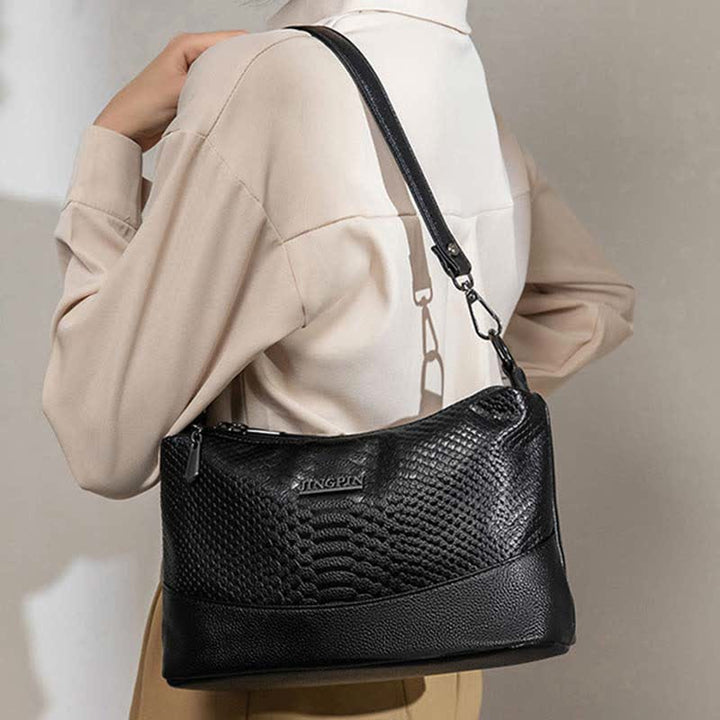 Umhängetasche mit drei Fächern für Damen, Beuteltasche aus veganem Leder