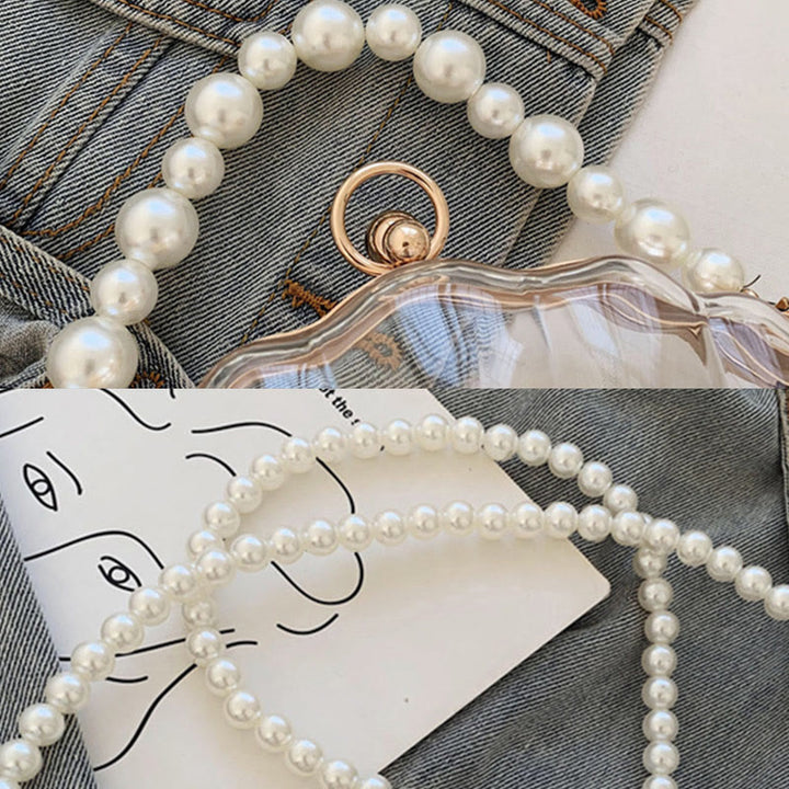 Umhängetasche für Damen mit Perlenkette und Clip, transparente Tasche