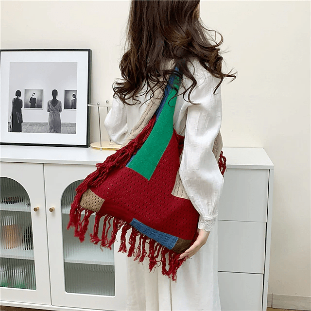 Quaste Umhängetasche für Damen Einfache Retro Gespleißte Stricktasche