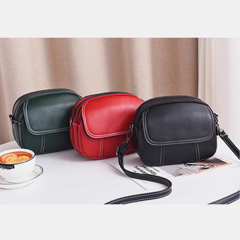 Kleine Umhängetasche mit dreifachem Reißverschluss, Leder, Handy-Geldbörse, Schultertasche