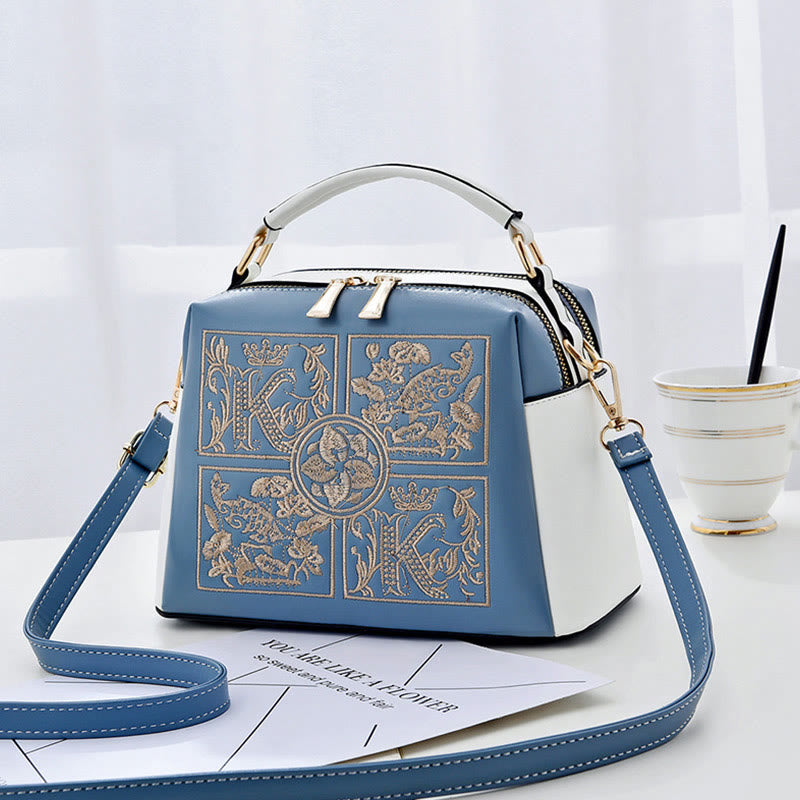 Top-Griff-Tasche für Damen, bestickte tragbare Umhängetasche aus Leder
