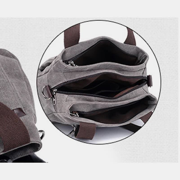 Handtasche aus Segeltuch mit drei Fächern und Blumendruck, Umhängetasche