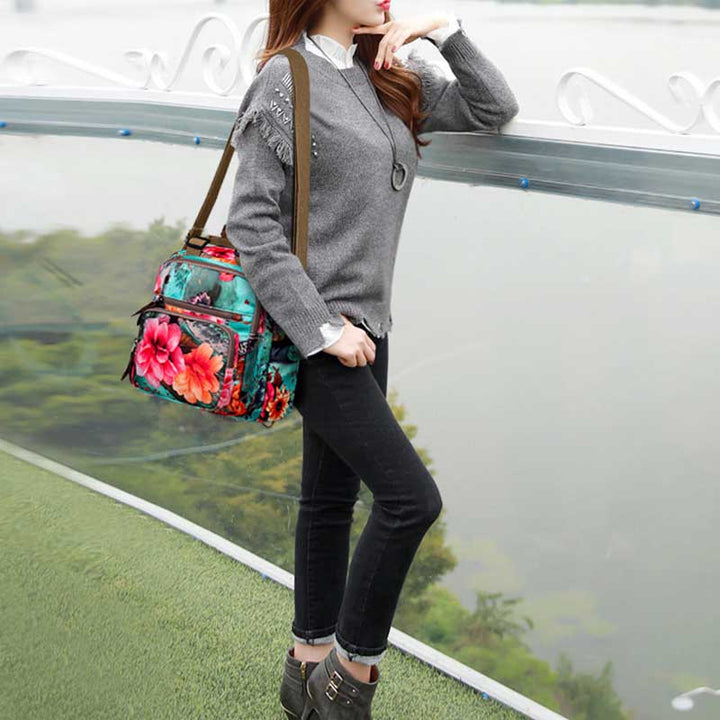 Multifunktionaler wasserdichter Rucksack mit Blumendruck, Wickeltasche mit Blumenmuster, Umhängetasche 