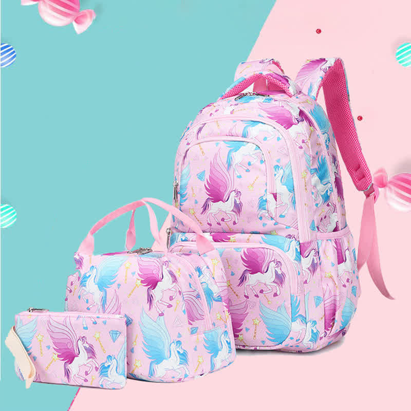 Einhorn-Schulranzen-Set für Mädchen, Rucksack, Büchertasche, Lunchtasche, Federmäppchen