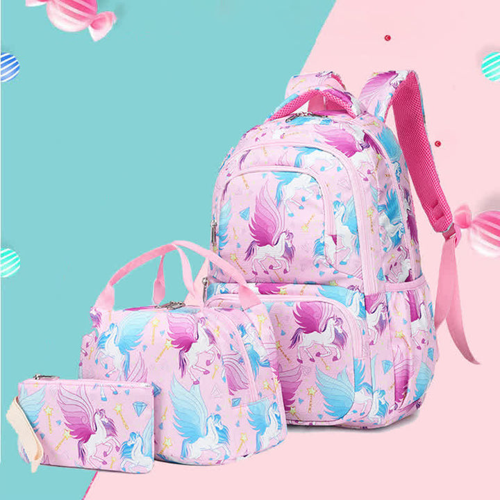 Einhorn-Schulranzen-Set für Mädchen, Rucksack, Büchertasche, Lunchtasche, Federmäppchen