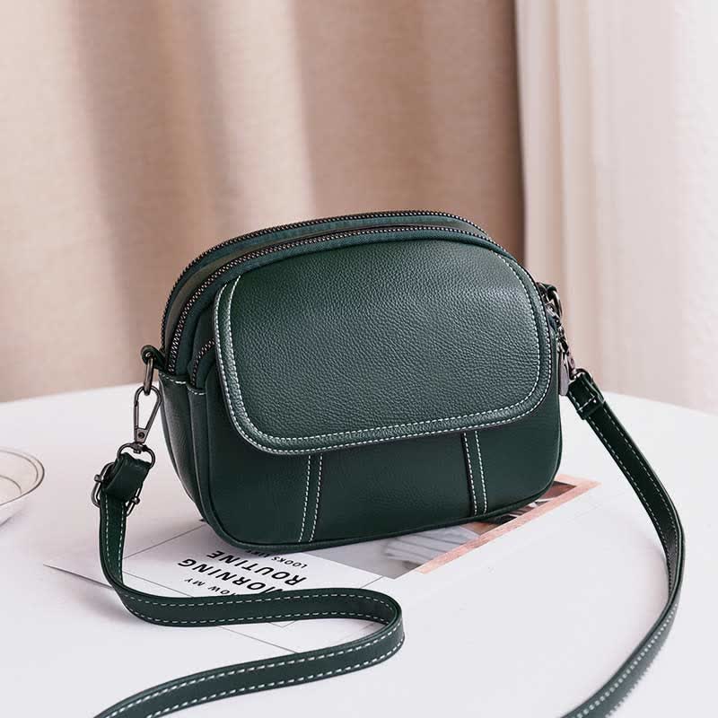 Kleine Umhängetasche mit dreifachem Reißverschluss, Leder, Handy-Geldbörse, Schultertasche