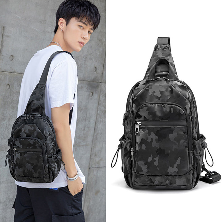 Kleine schwarze Sling-Umhängetasche für Damen und Herren, Tagesrucksack mit USB-Ladegerät