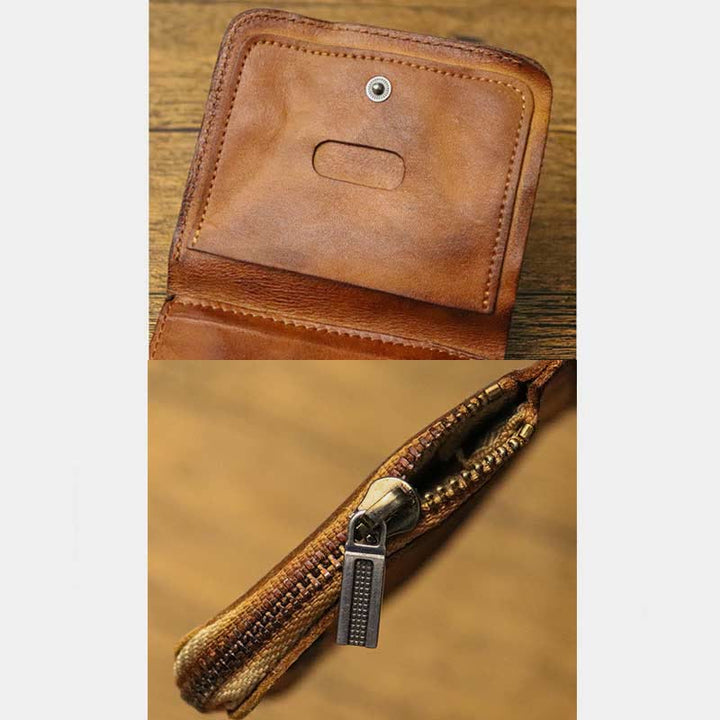 Ledergeldbörse für Herren, doppelt faltbar, Vintage, kurze Geldbörse mit Reißverschluss - image 13