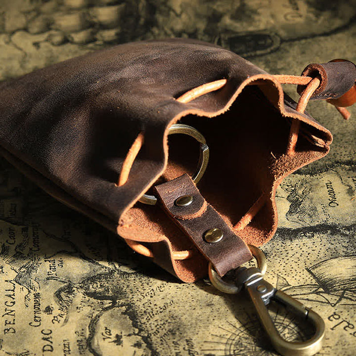 Vintage Münzgeldbörse Echtleder Beutel Brieftasche Kordelzug Aufbewahrungstasche