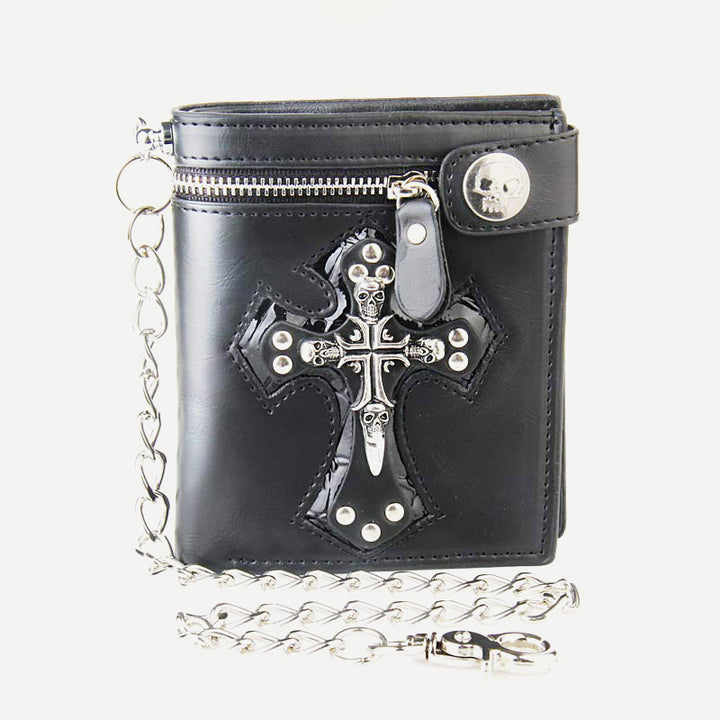 Herren-Geldbörse aus Leder mit Gothic-Totenkopf-Kreuz und langer Metallkette