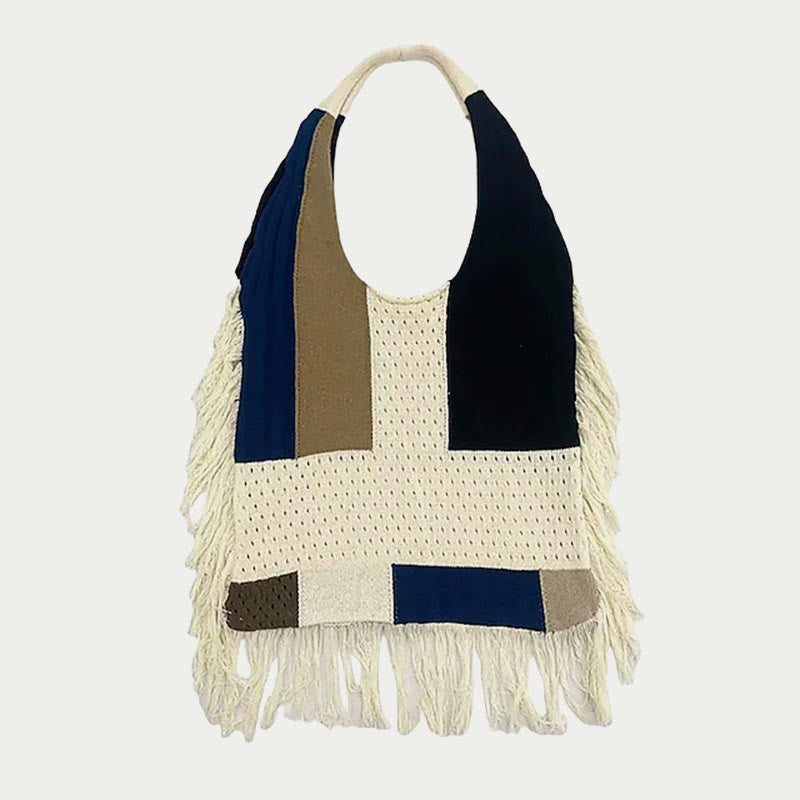 Quaste Umhängetasche für Damen Einfache Retro Gespleißte Stricktasche