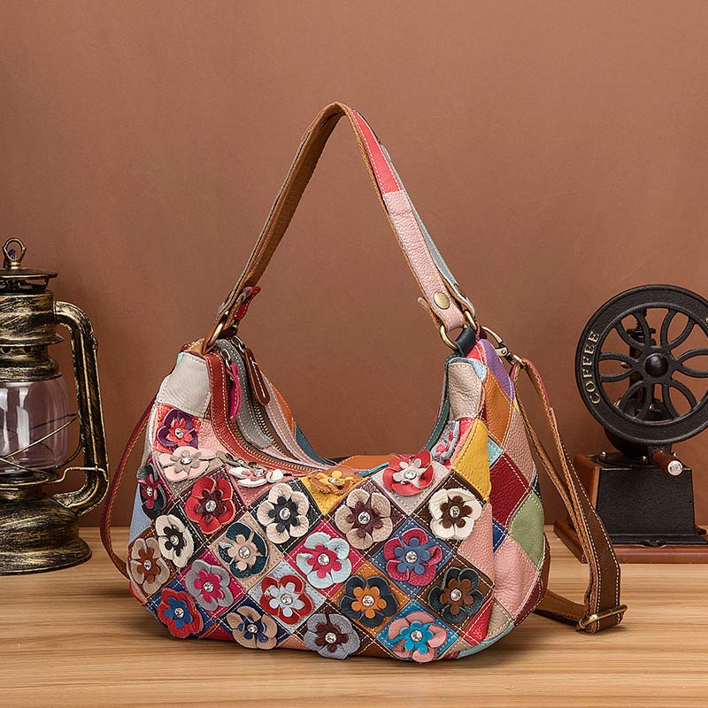Mehrfarbige Boston-Tasche aus echtem Leder mit Blumenmuster, Hobo-Tragetasche, Umhängetasche