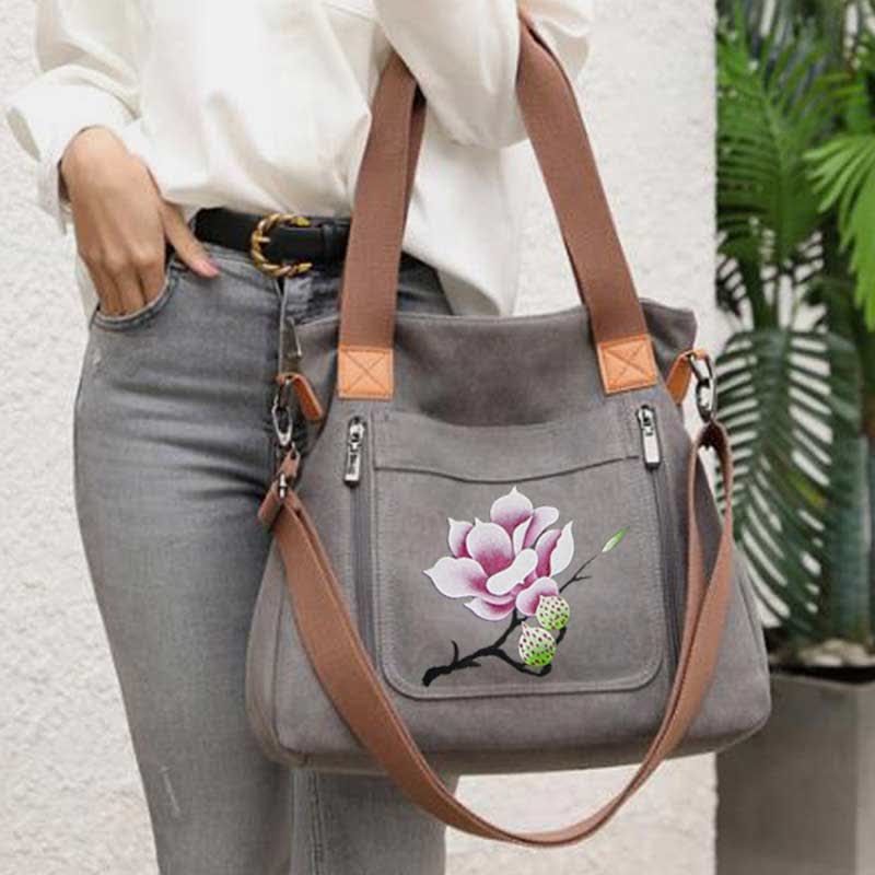 Handtasche aus Canvas mit Blumendruck für Damen, Henkeltasche oben, Umhängetasche
