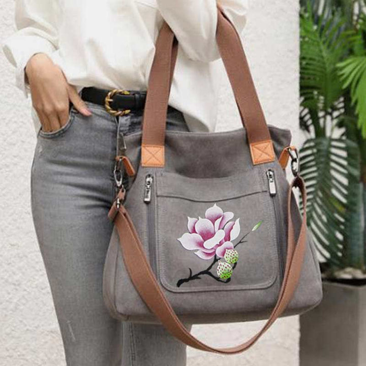 Handtasche aus Canvas mit Blumendruck für Damen, Henkeltasche oben, Umhängetasche