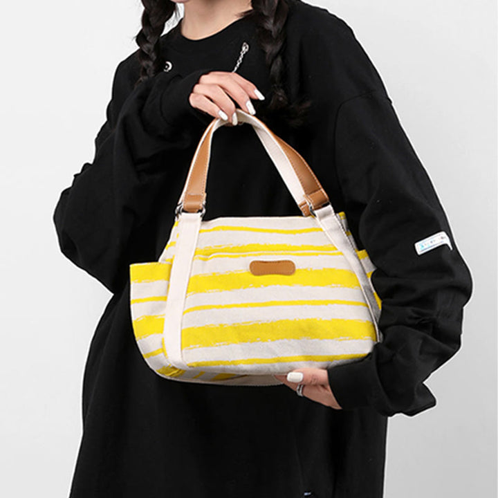 Lässige Einkaufstasche für Damen, gestreifte Canvas-Tasche für den täglichen Gebrauch