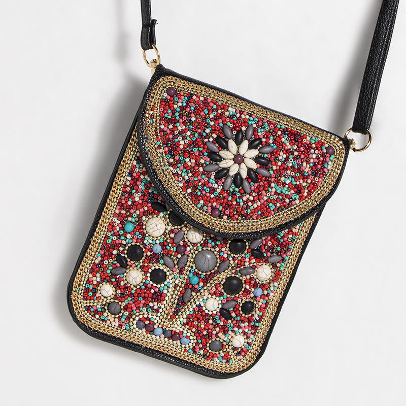 Bohemian Handytasche Damen Muschel Blumen Muster Magnetische Umhängetasche
