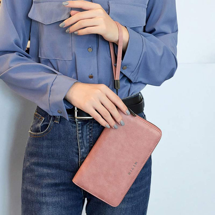 RFID-blockierende Geldbörse für Damen mit Rundum-Reißverschluss, große, lange Clutch mit Handgelenksriemen