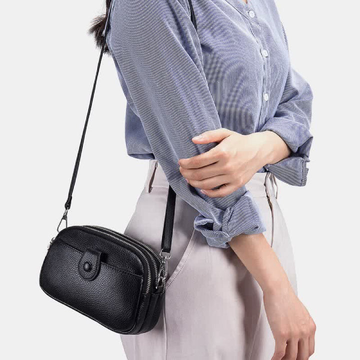 Schultertasche aus echtem Leder mit drei Reißverschlüssen, lässige Umhängetasche für Damen