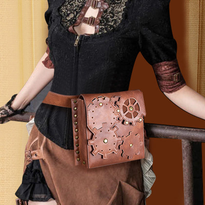 Retro-Gürteltasche für Damen, quadratische Handytasche in Zahnradform