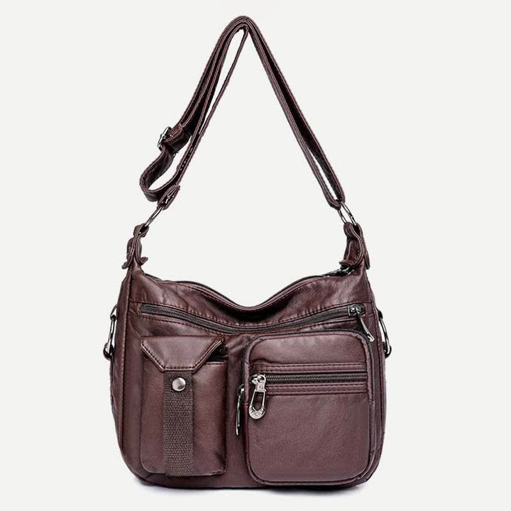 Damen Umhängetasche aus weichem Leder mit zwei Fächern, geräumige Handtasche, Schultertasche